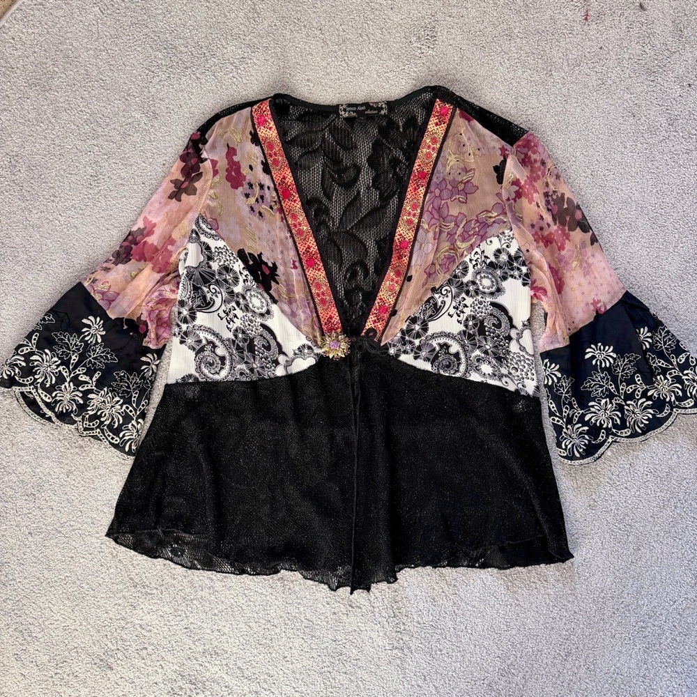 Vtg‎ Y2K Spencer Alexis Kimono Top Sz XL Silk Lace Made In USA Whimsigoth Fairy